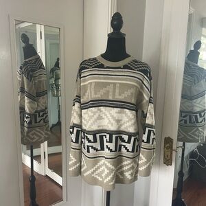 Chunky Vintage 80s Aztec tribal geometric print sweater size medium tan
